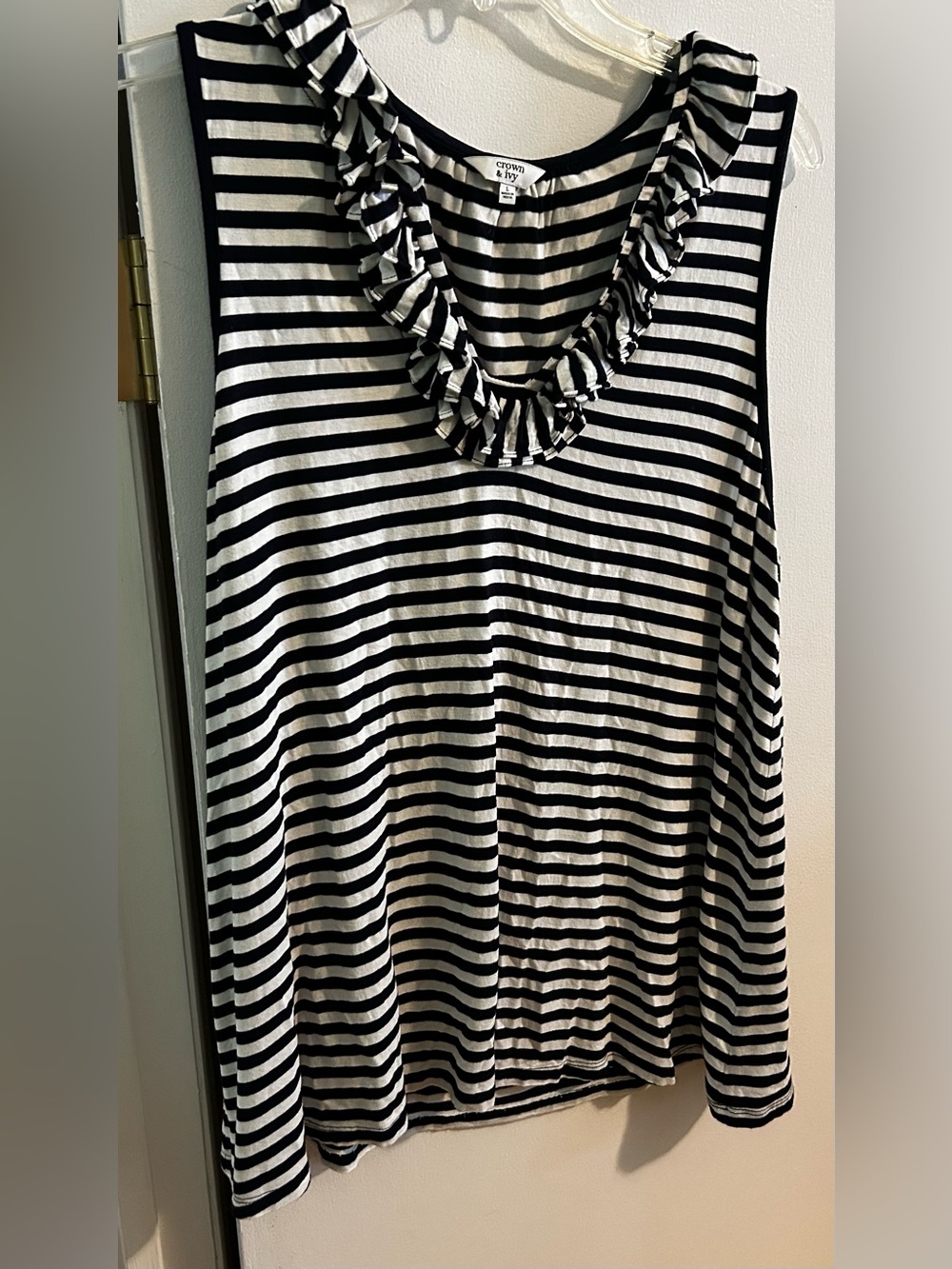 crown & ivy Black and White Striped Ruffle Neck Tank